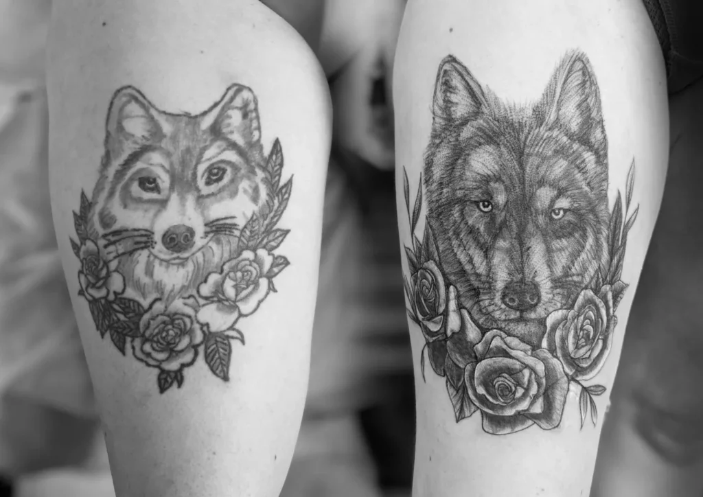 Fragments Delle Tatouage Traits Fins Bazas Tatouage Cover Loup Cuisse Femme Fragments D Elle Copie 1