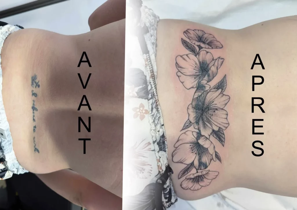 Fragments Delle Tatouage Traits Fins Bazas Tatouage Cover Phrase Par Des Fleurs Bas Du Dos Fragments D Elle Bordeaux 1